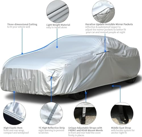 Image of Tecoom Car Cover Waterproof UV-Proof Windproof for All Weather Indoor Outdoor Mirror Pockets Coupe /Convertible /Sport Car Fit for Ford Mustang, Chevy Camaro, 183-193 Inches Length