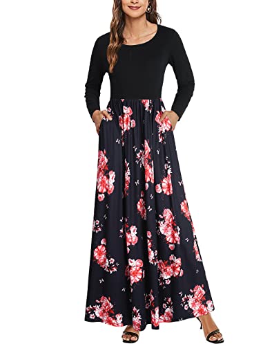 Enmain Schwarz Langarm Kleid für Damen Maxi Lang Freizeitkleider Einfarbig & Rose Rundhals Elegant Blumenkleid Herbst Winter Cover