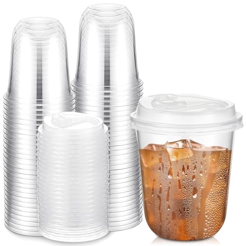Baderke 50 Sets 12oz Clear Plastic Cups with Lids, Round Bottom