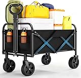 Festival Trolley on Wheels, 220L/172kg Folding Collapsible Wagon Trolley, Portable Camping Cart with 360° All-Terrain Wheels and Adjustable Handle & Side Pocket for Garden Trolley, Shopping Trolley