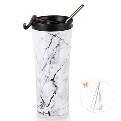 17 Oz. Tumbler Double Wall Stainless Steel Vacuum Insulated Coffee Cup With Leak-Proof Lid, 2 Metal Straws And Brush, Travel Mug For Home Office School (Marble) #TOP6