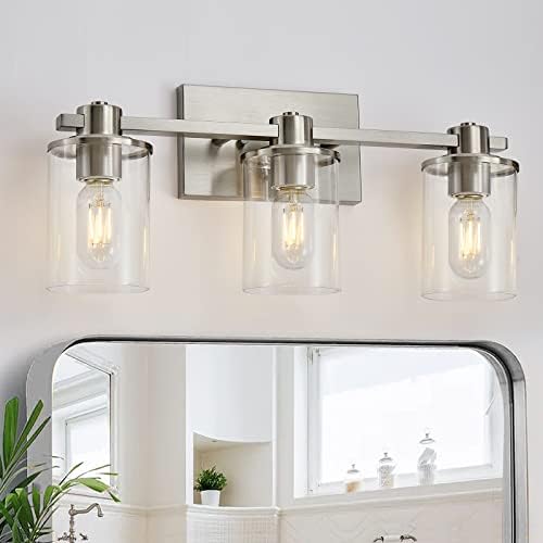 DUJAHMLAND Bathroom Vanity Light Fixtures, 3-Light Brushed Nickel Metal Wall Light with Clear Glass Shade for Bathroom Lighting