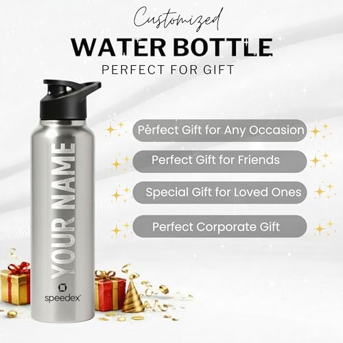 Image of Speedex Engraved Name Stainless Steel Sipper Water Bottle 1 Ltr - Customised Personalised Bottle for Kids & Adults, School, Gym, Sports, Black, Set of 1 (Silver, Set Of 1)