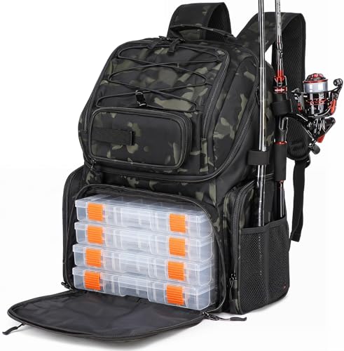HAMBOLY 50L Fishing Backpack with Tackle Boxes, Cooler & Rod Holders