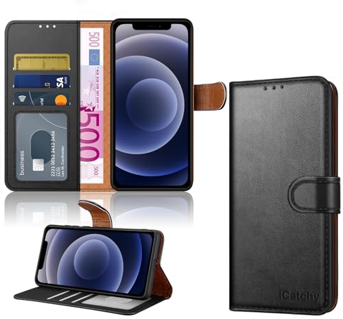 iCatchy iPhone 12 Case / 12 Pro Case 6.1 inch RFID Blocking Wallet Case with Card Holder Magnetic Closure Kickstand PU Leather Flip Cover for iPhone 12/12 Pro (Black)