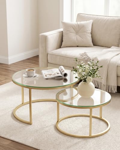 Amveya Table Basse Ronde Verre Lot de 2 Ø80+60 cm, Tables Gigognes Salon avec Plateau en Verre Transparent et Structure Métal Doré, Table de Salon Moderne Étanche Intérieur Extérieur