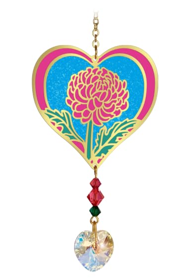 Birthmonth Flower Sun-Catcher Mobile, Stained Glass Effect, Sparkling Crystal Heart Adorned