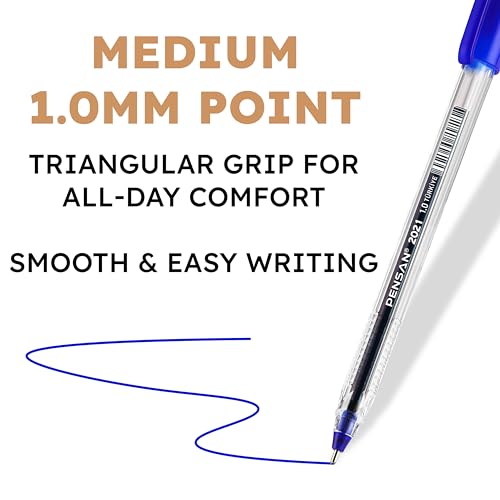 Image of PENSAN Blue Ballpoint Pens,1.0 mm Medium Point, Blue Pens, Ergonomic Triangle Grip, Smooth Writing, 250-Count Pack of Bulk Pens