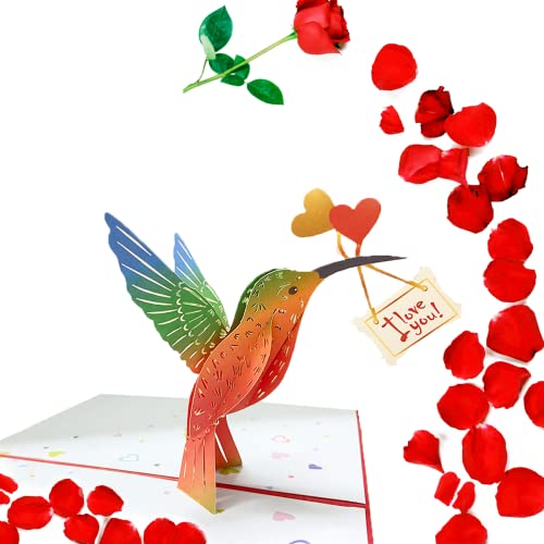 MangLeng Pop Up Valentine Greeting Cards - 5" x 7" Handmade 3D Hummingbird Valentine's Day Cards for Him or Her