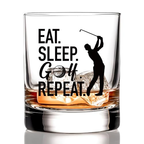 RZHV Eat Sleep Golf Repeat Old Fashioned Whiskey Glass, Funny Father's Day Anniversary Birthday Gift for Men Husband Dad Uncle Grandpa Friends Coworkers Golf Lover