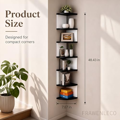 FRAWENLECO No-Drill Corner Shelf Wall Mount, 7-Tier Floating Corner Bookshelf with Hooks, Space-Saving Zigzag Plant Shelf for Bedroom, Living Room, Bathroom, Home Office(White & Black) — view 2