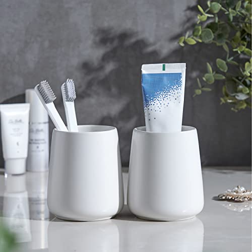 White Toothbrush Holder For Bathroom - 2Pcs Ceramic Tooth Brushing Holders Set, Toothbrush Cup & Toothpaste Organizer For Bathroom Countertop, Makeup Brush Holder, Pen Holder For Home Desktop Storage #TOP3