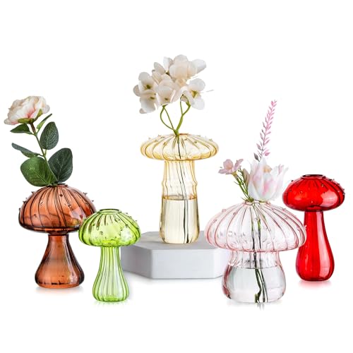 Glasseam Florero Champiñón, Juego De 5 Floreros De Capullos para Flores, Floreros Pequeños para Decoración, Floreros De Cristal De Colores Elegantes para Decoración De Mesa, Florero Terrario