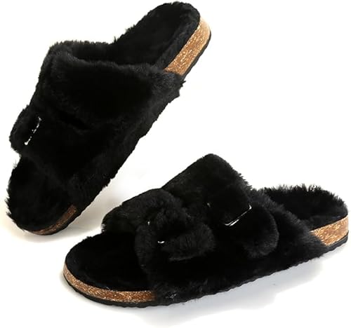 Jifenkla Pantuflas Planas Ajustables de Felpa Mujer, Chanclas Peludas Cálidas de Invierno con Punta Abierta, Sandalias de Piel Sintética Esponjosas