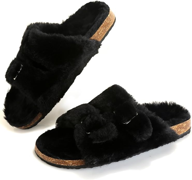 Jifenkla Plüsch Einstellbar Flache Hausschuhe Damen, Winter Warme Pelzige Offene Zehenpartie Pantoffeln, Flauschige Kunstfell Schlappen, Schwarz, EU 38