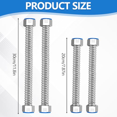 Flexschlauch 1/2 Zoll, 4 Stück 304 Edelstahl Wasserhahn Schlauch G1/2 x G1/2 Panzerschlauch Flex Schlauch für Wasserhahn Bad WC (20cm/30cm)
