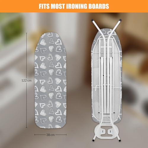 Geezy Ironing Board Cover 122 X 38 Cm - Grey Heart Design - Thick Double Layer, Heat Reflective & Scorch Resistant, Elasticated For Secure Fit, Fits Most Standard Boards, Machine Washable - 2