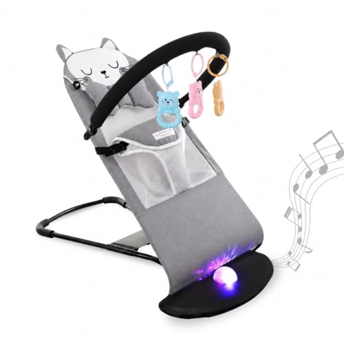 Baby Bouncer Seat, Foldable Baby Rocker, Mesh Fabric, Cat Headrest