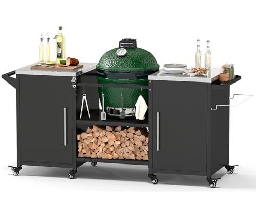 Outdoor Grill Cart for Big Green Egg Grill Table Suitable for Various Sizes of Green Nest Grill Racks Tabletop Grill with Stainless Steel Top and Lockable Wheels Black