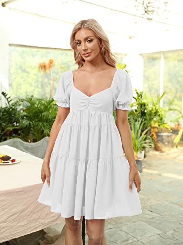 Women's Summer Dress Sweetheart Neckline Puff Sleeves Ruffle Flowy Babydoll Swing Mini Dresses Party Dress Large White #TOP2