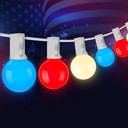 4th of July Decorations Outdoor String Lights Waterproof Independence Day Lights with Red White and Blue G40 Bulbs, 25 Feet Connectable Lights for Patio Garden Festival Patriotic Theme Daily