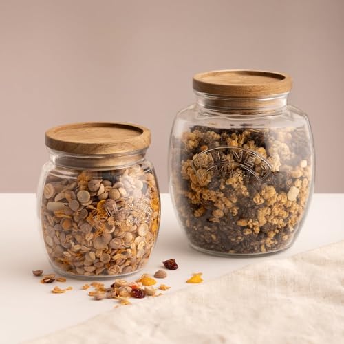 Image of Kilner Premium Universal Airtight Glass Jar with Wooden Lid - 850ml | BPA Free, Reusable Kitchen Food Container for Dry Food, Grains, Pasta, Cereals, Pulses