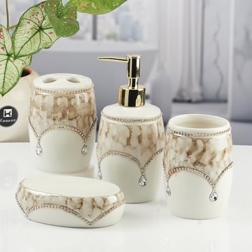Image of Kookee Ceramic Bathroom Accessories Set - 4 Piece Bath Kit with Soap Dispenser, Soap Dish, Toothbrush Holder & Tumbler | Modern Designer Decor for Home & Guest Bathrooms (11122)