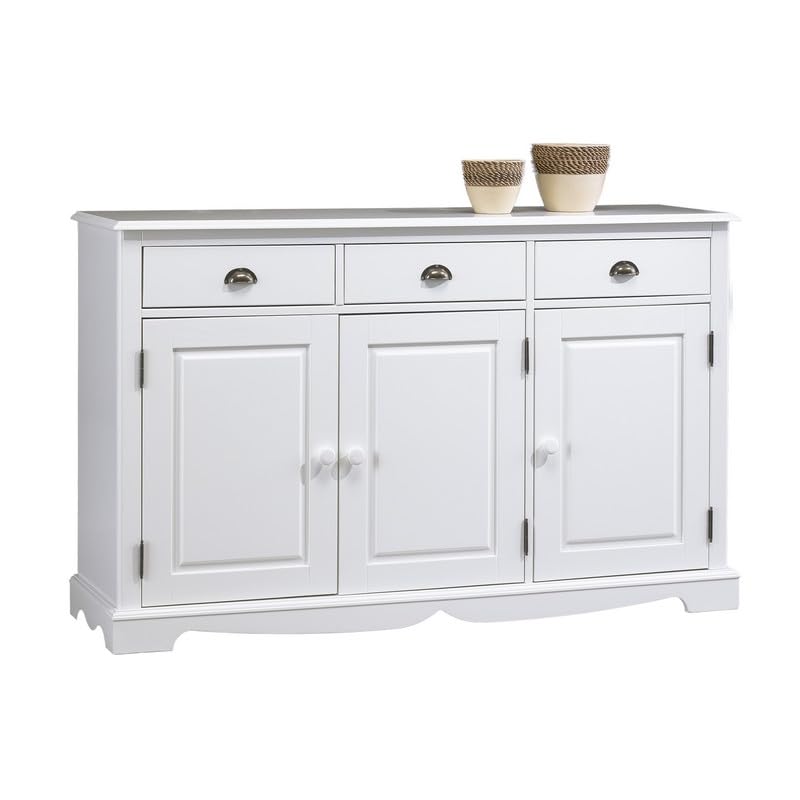 ACTUAL DIFFUSION Buffet Blanc 3 Portes 3 Tiroirs Style Anglais 4 Niches L 146.6 H 89.6 P 42.5 cm