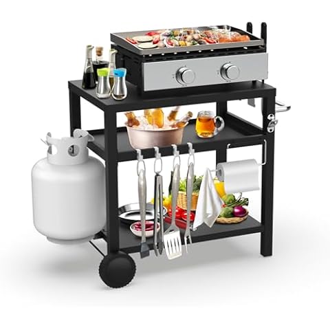 BBQCuker BBQ Grill Cart 3-Shelves Outdoor Patio Kitchen Cooking Camping With Wheels/Hooks/Towel Holder/Bottle Opener Easy Assemble, Grill Stand for Picnic, Camping, 29.5 * 19.6 * 29.7 inches Cover