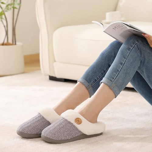 Image of Evshine Warm Knit House Slippers for Women Comfy Wool-Like Lined Chenille Slippers with Memory Foam and Indoor Outdoor Soles