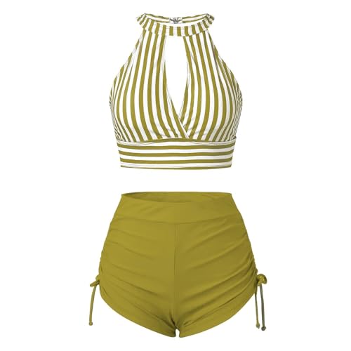 Bañadores Mujer Natacion Bikinis para Mujeres Push Up Cuello En V Traje De Baño De Dos Piezas Sexy Halter Conjunto De Bikini Ropa De Playa Verano Piscina Vikinis Set con Impresión Amarillo 2XL