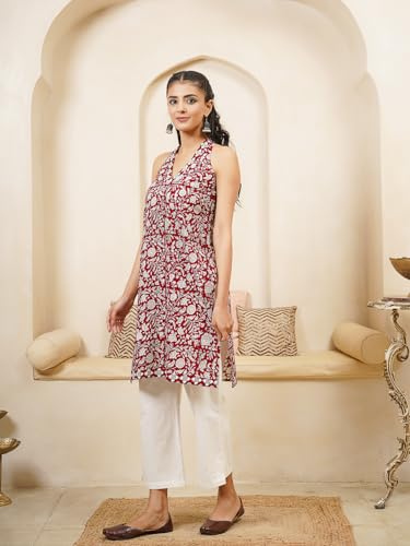 Image of GOODHAND Women Printed Cotton Kurti | Casual Long Kurta | Comfortable Ethnic Wear with Relaxed Fit