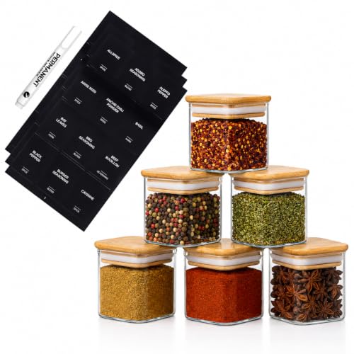 Image of Eden & Willow 6 Pcs Glass Spice Jars with Bamboo Lids 150ml, Square Spice Containers with Black Labels, Stackable Clear Borosilicate Glass Jars for Herbs, Seasonings, Salt, Seeds & Pantry Organisation