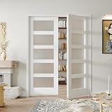 SOLRIG 60' x 80' French Interior Door, 5 Lite Tempered Frosted Glass Panel for Pantry & Bedroom, Double...