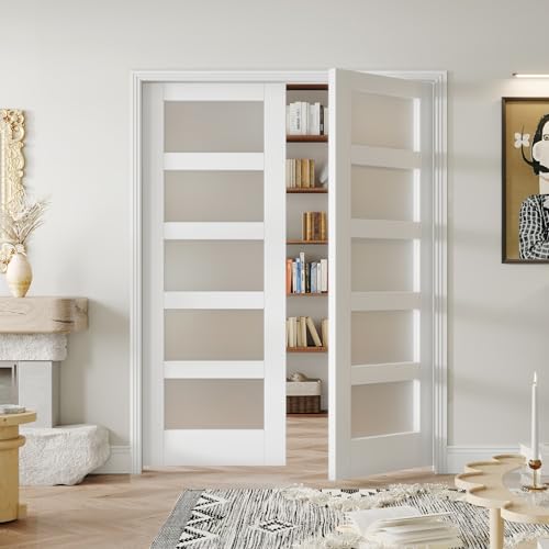 Image of 64 inch x 80 inch French Interior Door, 5 Lite Tempered Frosted Glass Panel for Pantry & Bedroom, Double Pre-drilled Holes Slab Doors, White Primed, Assembly Required (Hinges Not Included)