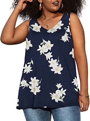 AYIFU Womens Plus Size Tank Tops Floral Sleeveless Pleated Front V Neck Shirts (Blue Lily, 22W) — view 4