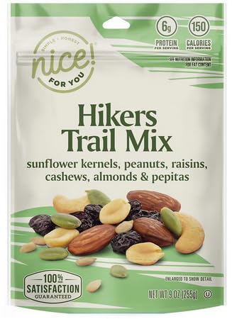 Nice! Hikers Classic Mountain Trail Mix, 9oz Bag: Sunflower Kernels, Peanuts, Raisins, Cashews, Almonds and Pumpkin Seeds/Pepitas