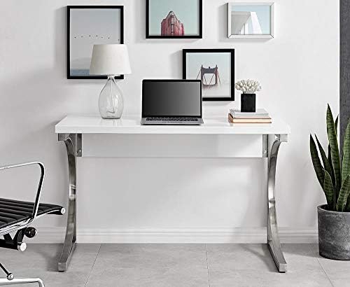 Furniturebox UK Valencia Large White High Gloss and Brushed Chrome Desk for Home Working Executive Study Office Desk. Sleek and Simple Elegant Minimalist Contemporary Office Furniture
