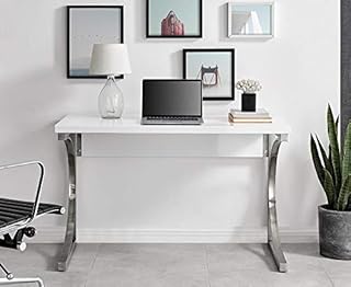 Furniturebox UK Valencia Large White High Gloss and Brushed Chrome Desk for Home Working Executive Study Office Desk. Sleek and Simple Elegant Minimalist Contemporary Office Furniture