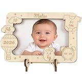 ARTREE Marco de Madera Personalizado para Bebé Grabado Láser con Nombre y Fecha de Nacimiento Marco Decorativo para Habitación Infantil Regalo Ideal para Nacimiento Bautizo y Comunión (Modelo Globo)