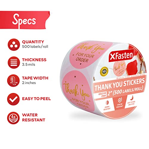 Xfasten Pink Thank You Stickers Roll For Small Business, 500 2-Inch Round Thank You Sticker Tags, Microwave-Safe Thank You Sticker Label Bulk For Packaging, Shipping, Shopping Bags And Envelopes #TOP1