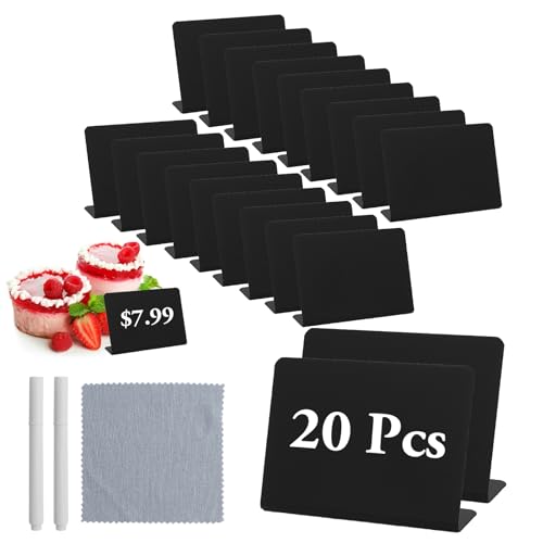 20 Stück Mini Kreidetafel - Preisschilder Aufsteller 100 x 75 mm - Kleine Tafeln Zum Beschriften mit 2 Kreiden und 1 Putztuch - L-förmige Kreidetafe für Hochzeit, Party, Gastronomie und Buffet