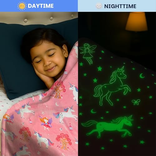 Image of Famyo Unicorn & Fairy Glow Blanket for Gifting for Kids | Birthday Gift for 0-15 yrs | AC Blanket for Children | Return Gifts & Party Favour | Perfect for Gifting for Niece /Nephew /Son /Daughter (Pink)