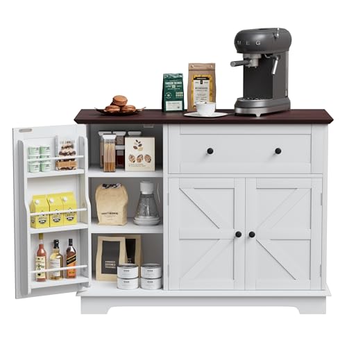 PAKASEPT Farmhouse Buffet Cabinet with Storage, Kitchen Sideboard Cabinet with Doors, Drawer and Adjustable Shelf, Wood Coffee Bar Cabinet for Dining Room, Living Room, White