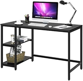 CASART Computer Desk, Wooden Work Table Study Writing Desk with 2 Adjustable Shelves & Adjustable Footpads, Metal Frame Home Office Desks PC Laptop Table (Black)