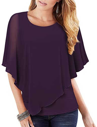 Vafoly Damen Chiffon Lose Fledermaus Bluse mit Kurzen Flatter ärmel Leichte Fließende Bluse Rundhalsausschnitt Doppellagige Poncho Tuniken Dunkelviolett XL