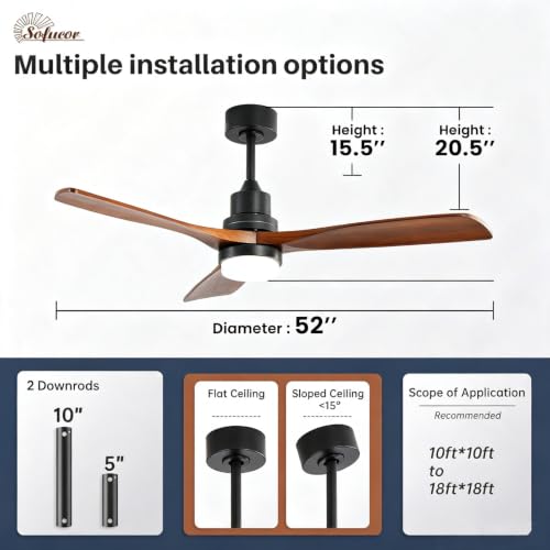 Image of Sofucor 52 Inch Solid Wood Ceiling Fans With Lights, Low Profile Ceiling Fan with Light and Remote, Reversible Quiet DC Motor, Indoor /Outdoor 3 Blade Ceiling Fan Light for Bedroom Farmhouse Patio