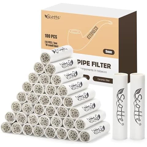 Scotte Pipe Filters 9mm Activated Carbon Tobacco Pipe Filter with Dual Ceramic Cap 100 pcs Filter Core for Pipe Smoking Cover