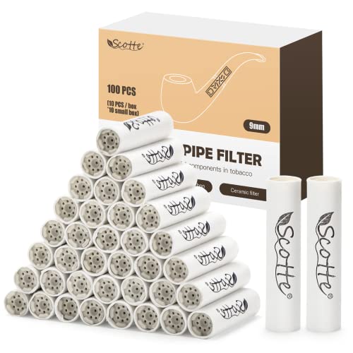 Scotte Pfeifenfilter 9 mm Aktivkohle-Tabakpfeifenfilter mit doppelter Keramikkappe 100 Stück Filterkern für Pfeifenrauchen