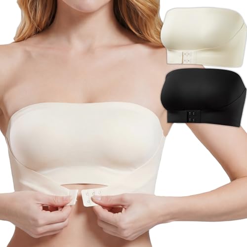 newnice Strapless Push Up Bandeau Bra Non-Slip Silicone No-Padding Front Buckle Invisible Tube Top for Women Yoga Seamless (CA/US, Alpha, Medium, Regular, Regular, Black, Beige)